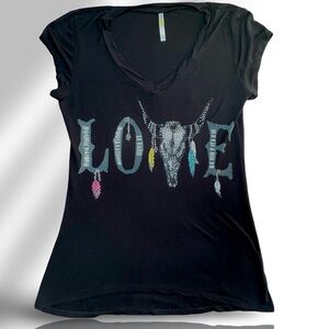 Occasion Western Style “LOVE” Tee - Sz Lg, Cow Skull, Feathers, Silver Sequins
